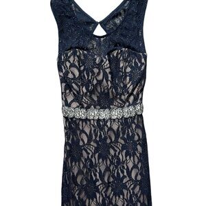 Elegant Navy Lace Dress with Rhinestone Belt